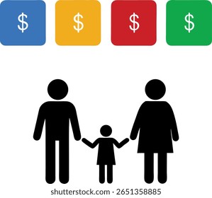 Uma simples ilustração de uma família e sinais de dólar, simbolizando apoio financeiro.