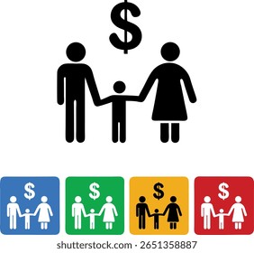 Uma simples ilustração de uma família e sinais de dólar, simbolizando apoio financeiro.