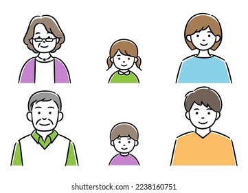 Simple illustration of family (senior men and women, young men and women and children of men and women)