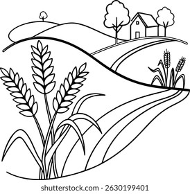Simple illustration of a farm landscape featuring wheat fields and rural house in outline