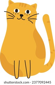 A simple illustration of a fat cute orange cat with stripes on the tail, head and back. Vector illustration of a cat. An orange fat cat is sitting and smiling. Illustrations in a minimalistic style