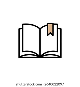 A simple illustration features an open book with a tan bookmark marking the page. Ideal for representing reading, education, literature, and library themes.