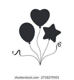 Una ilustración simple con una estrella de corazón negro y Formas de globo atadas con cuerdas