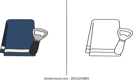 A simple illustration featuring a blue folded towel and a classic bottle opener ready for use