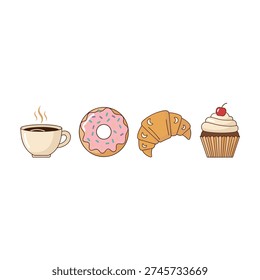 A simple illustration featuring a cup of coffee, a pink-frosted donut, a croissant, and a cupcake with a cherry on top, all arranged in a row against a white background.
