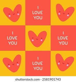 Simple illustration featuring cute hearts and love message in red and yellow. I love you. Seamless pattern with hand drawn heart