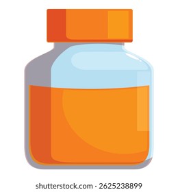 Ilustração simples com um frasco de vidro preenchido com um líquido laranja vibrante, selado com uma tampa vermelha
