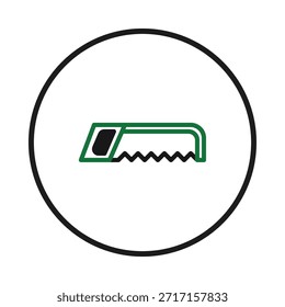 A simple illustration featuring a green handsaw with a black handle. The saw is outlined in green and is positioned within a stark black circle. A clean, vector image suited for representing