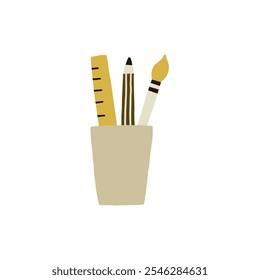 A simple illustration featuring a ruler, pencil, and paintbrush in a cup, conveying creativity and organization. Perfect for educational and artistic themes with a minimalist style