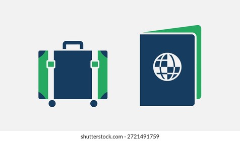 Una ilustración simple con una maleta y un pasaporte, que simboliza viajes, vacaciones y viajes internacionales. Adecuado para su uso en Sitios web, App y Materiales promocionales relacionados con los viajes