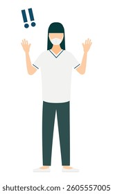 Simple illustration of a female nurse with long hair raising her hand in surprise, Vector Illustration