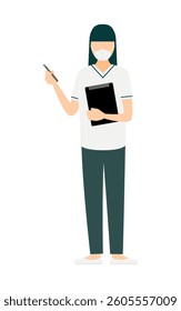 Simple illustration of a female nurse with long hair taking records, Vector Illustration