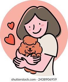 Simple illustration of a female owner holding and petting a cute brown puppy poodle