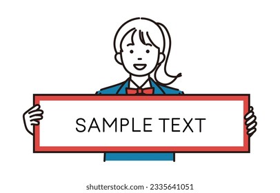 A simple illustration of a female student holding a blank paper