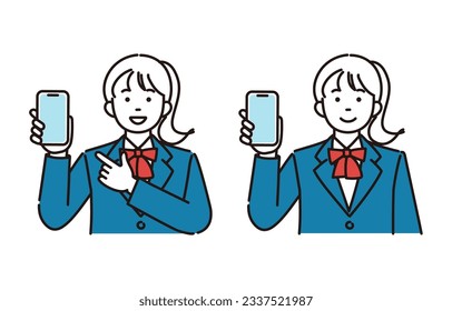 Una simple ilustración de una estudiante que muestra su smartphone 2 pose set