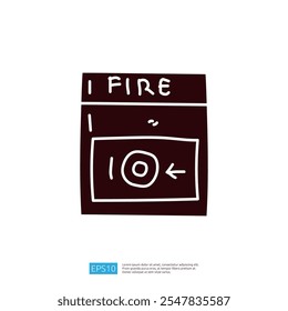 Una ilustración simple de un panel de alarma contra incendios, que indica la presencia de fuego con una flecha que apunta a un Botón para la activación.