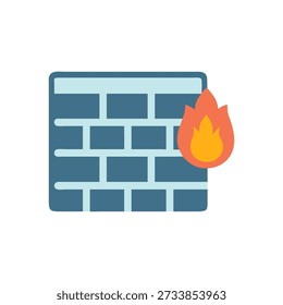 Simple illustration of a firewall icon ablaze, symbolizing system vulnerability and an ongoing network security breach threat in flat design.