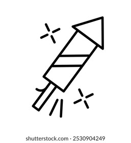 A simple illustration of a firework rocket with sparkles around it.
