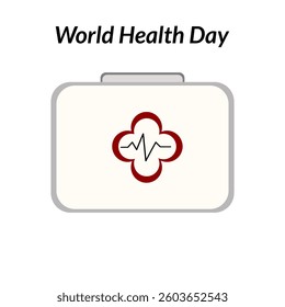 A simple illustration of a first aid kit with a red cross and a heartbeat line, symbolizing health and wellness, accompanied by the text World Health Day.