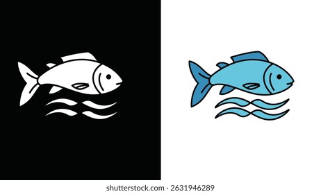 A simple illustration of a fish with wavy lines, in a minimalist style. The fish is swimming above the water.