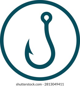 Simple illustration of a fishing hook within a circular outline, symbolizing fishing activities