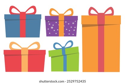 Ilustração simples de cinco caixas de presente em cores diferentes