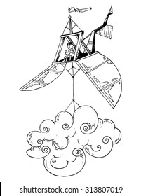 simple illustration flying machine carrying a cloud