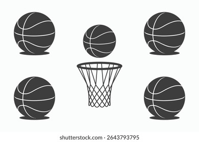 Simple illustration of four basketballs surrounding a hoop. Perfect for sports-themed designs, websites, or presentations. Clean, monochrome style.