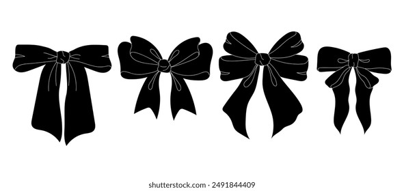 A simple illustration of four black bow silhouettes, each with a different style of tying.