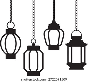 Una ilustración simple de cuatro faroles colgantes en un estilo blanco y negro