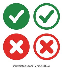 A simple illustration of four vector icons depicting positive and negative confirmations. Features two green check mark symbols and two red cross symbols, each inside a circle.