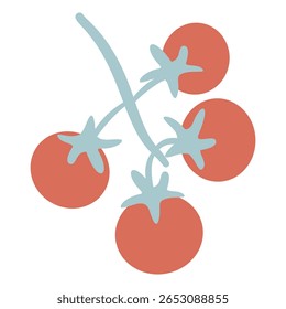 Ilustração simples de um ramo fresco de tomates vermelhos maduros, perfeito para alimentos saudáveis e temas de culinária.