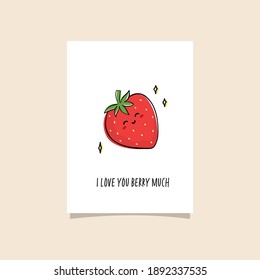 Simple ilustración con fruta y frase graciosa - te amo mucho a la baya. Diseño de tarjeta con carácter de fresa lindo