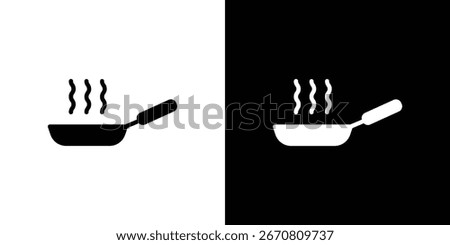 Simple illustration of a frying pan with steam, presented on both white and black backgrounds. Ideal for cooking apps or websites.