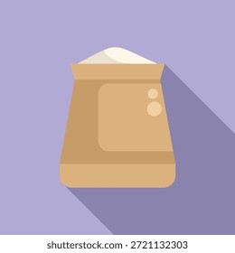 Simple illustration of a full paper bag of flour standing up, isolated on a purple background with a long shadow