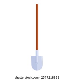 Simple illustration of a gardening shovel standing upright, featuring a long wooden handle and a shiny metal blade