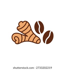 Uma ilustração simples de uma raiz de gengibre ao lado de dois grãos de café