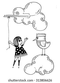 simple illustration girl flying in the clouds with a bird