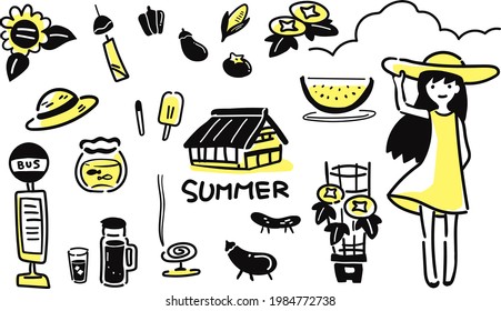 A simple illustration of a girl who is in the countryside in summer vacation