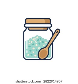 A simple illustration of a glass jar filled with blue and white bath salts and a small wooden spoon.