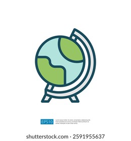 A simple illustration of a globe on a stand, representing Earth with green and blue colors, often used for educational or decorative purposes.