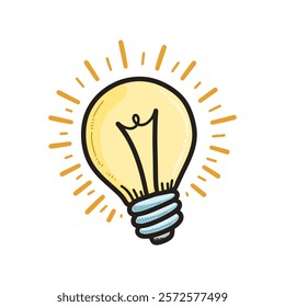 Simple illustration of a glowing light bulb with radiating lines, symbolizing bright ideas and creativity in a design context