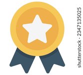 Simple illustration of golden award medal with ribbons for winners. Seal ribbon flat icon vector. Reward flat icon.