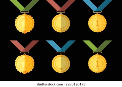 Simple illustration of golden award medal with ribbons for winners flat style