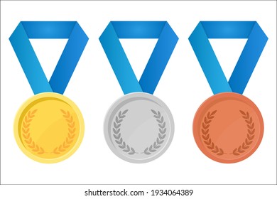 Simple illustration of golden, silver and bronze award medal with ribbons for winners