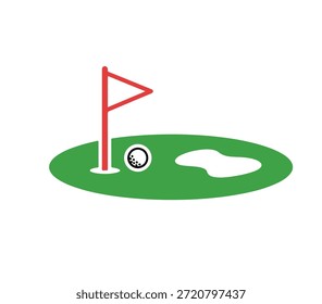 Una ilustración simple de un agujero de golf con una bandera roja sobre un fondo verde contra un fondo negro