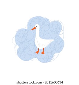 Simple illustration of a goose on a cloud. Hand-drawn childrens illustration of a duck in cartoon style. Cute gosling. Isolated on white background.