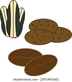 Simple illustration of grains, coffee beans, cookies