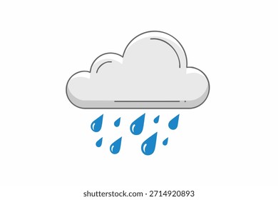 Una ilustración simple de una nube gris que llueve gotas de agua azules sobre un fondo blanco.