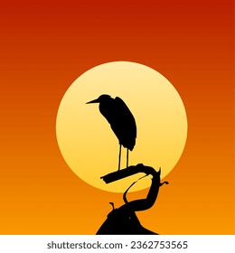 Simple illustration of a great egret perched on a branch with a sunset in the background